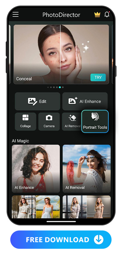 main UI of PhotoDirector and highlight Portrait Tools feature